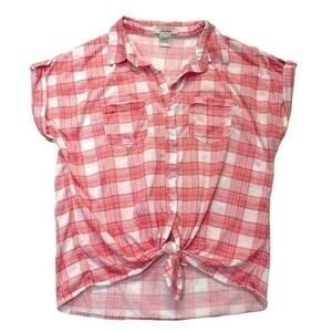 Plaid Button Down Shirt Junior’s Size Large pink white short sleeve cropped